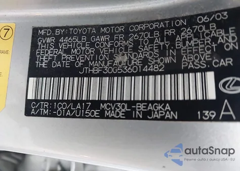 2003 Lexus Es300 from USA, damaged, VIN JTHBF30G536014482